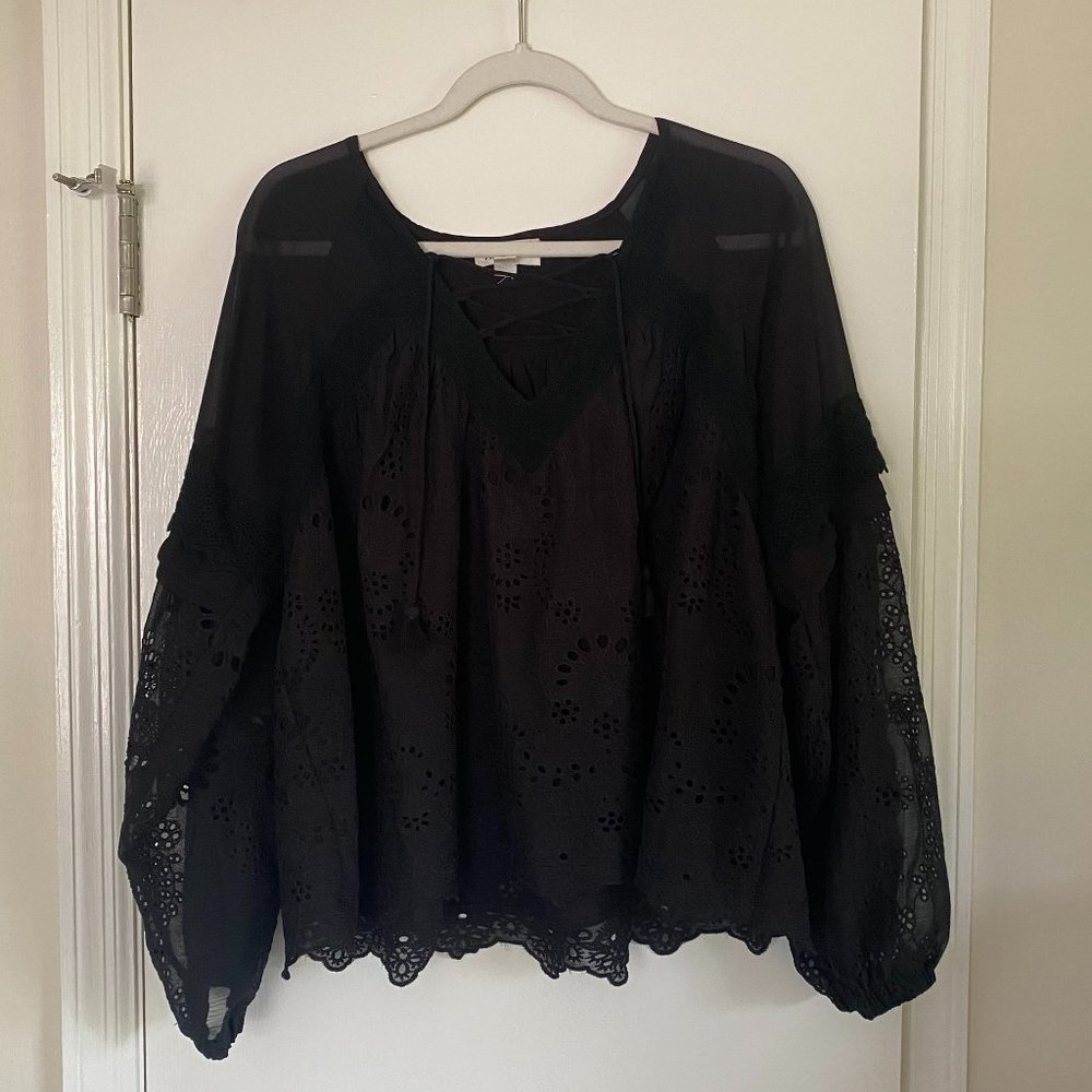 Allison New York Black Eyelet Lace Up Long Sleeve Top, Size M